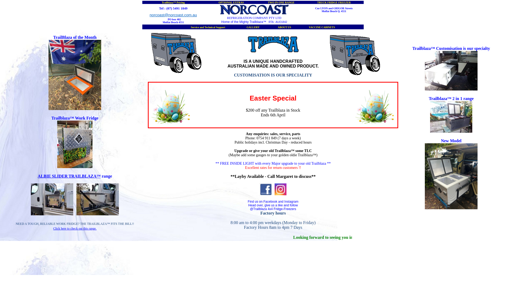 website screenshot of https://trail-blazerfridges.net.au
