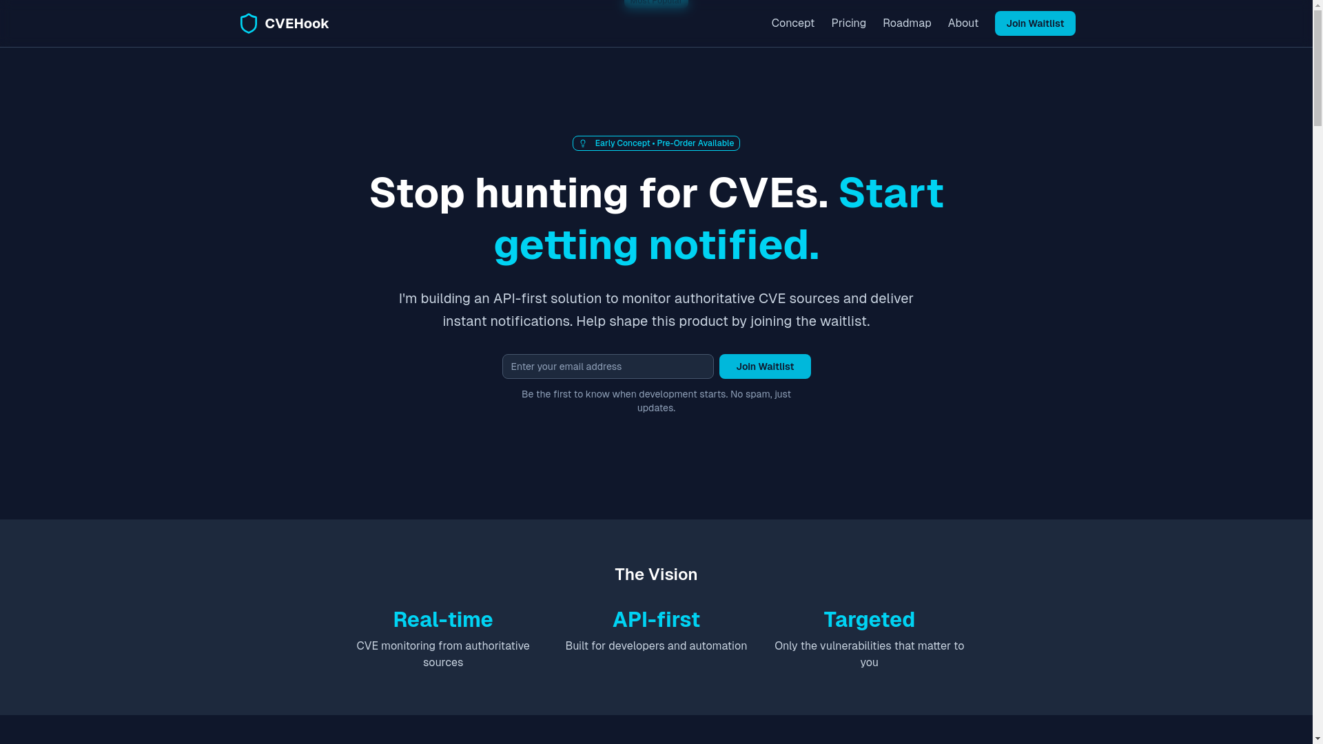 website screenshot of https://cvehook.com/