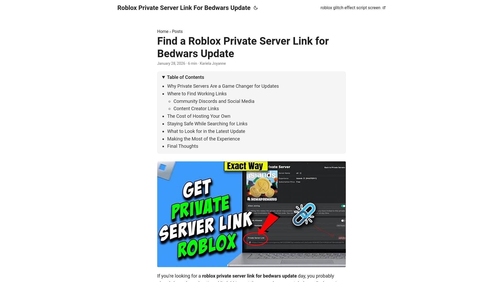 website screenshot of https://roblox-private-server-link-for-bedwars-update.pages.dev/