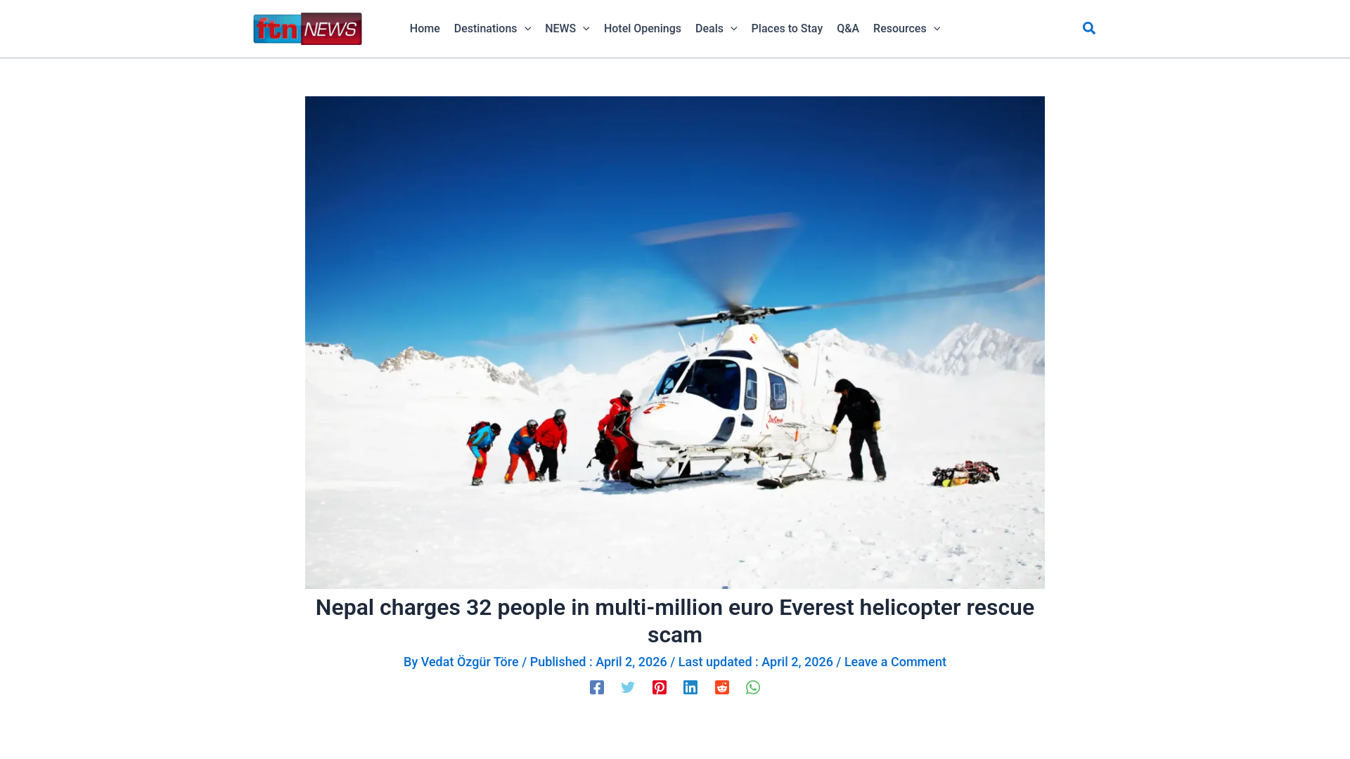 website screenshot of https://ftnnews.com/travel-news/tours/nepal-charges-32-people-in-multi-million-euro-everest-helicopter-rescue-scam/