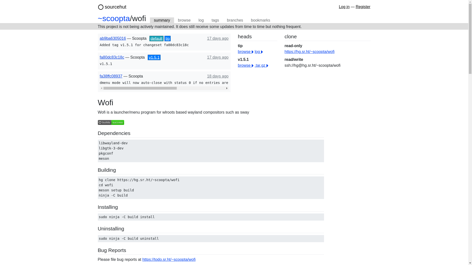 website screenshot of https://hg.sr.ht/~scoopta/wofi