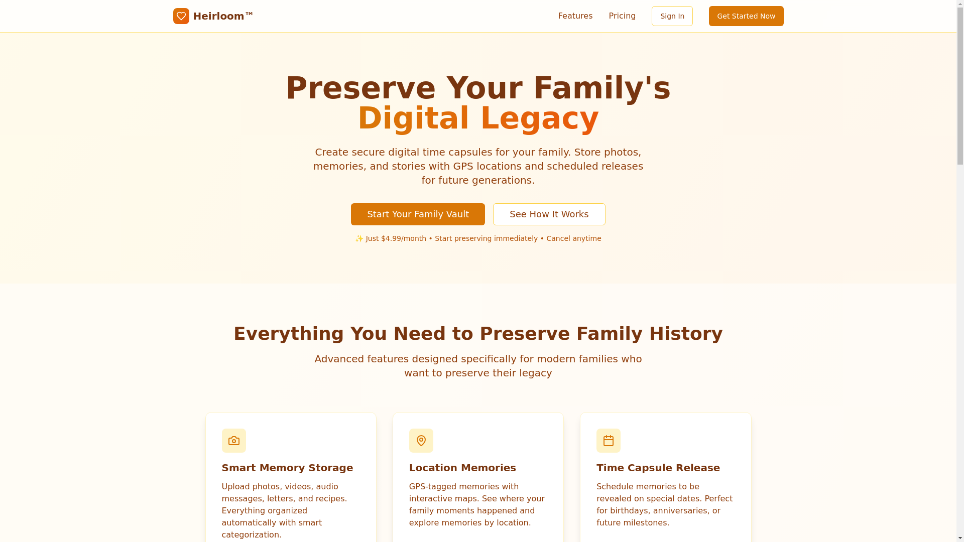 website screenshot of https://heirloomfamilylegacy.com/