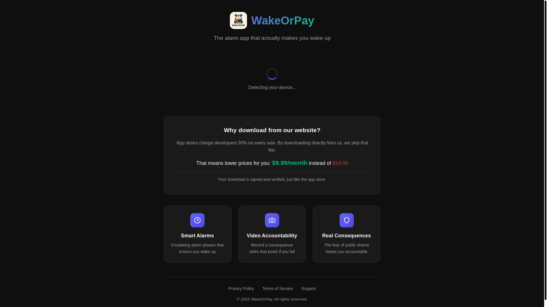 website screenshot of https://wakeorpay.app/