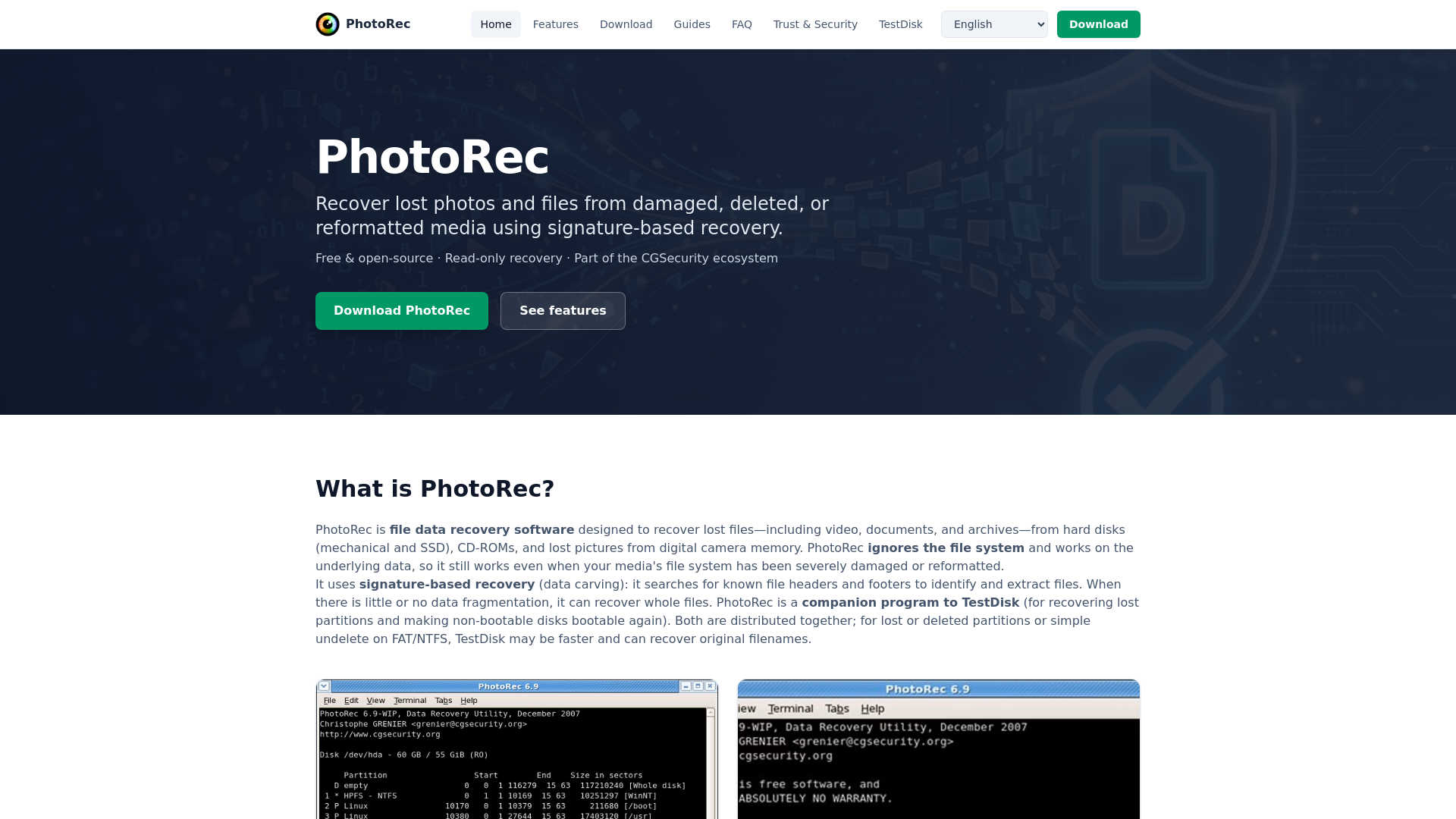 website screenshot of https://photorec.cc