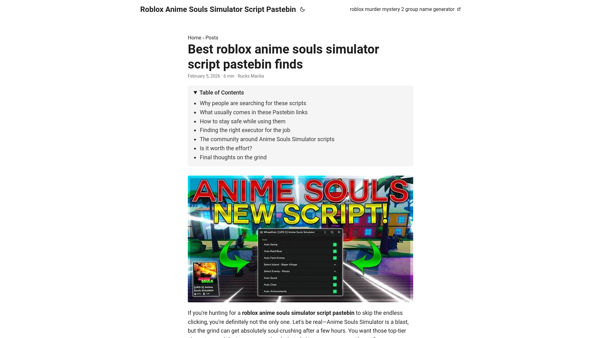 website screenshot of https://roblox-anime-souls-simulator-script-pastebin.pages.dev/
