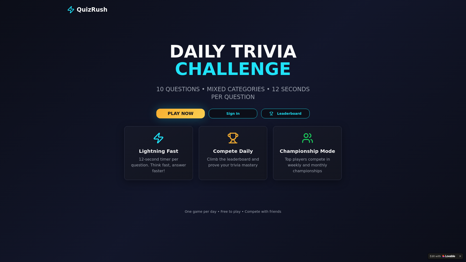 website screenshot of https://quizrush.co/