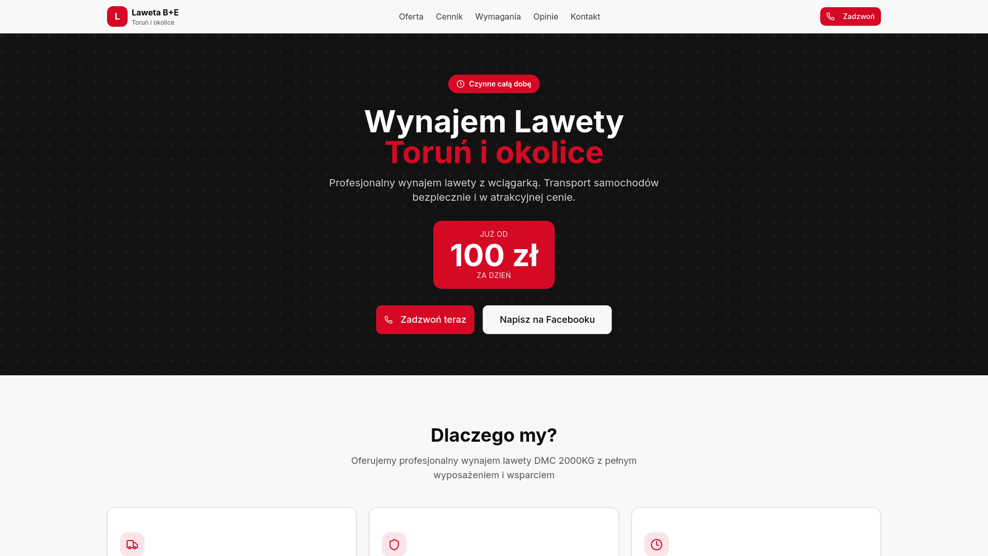 website screenshot of https://wynajemlawetytorun.pl