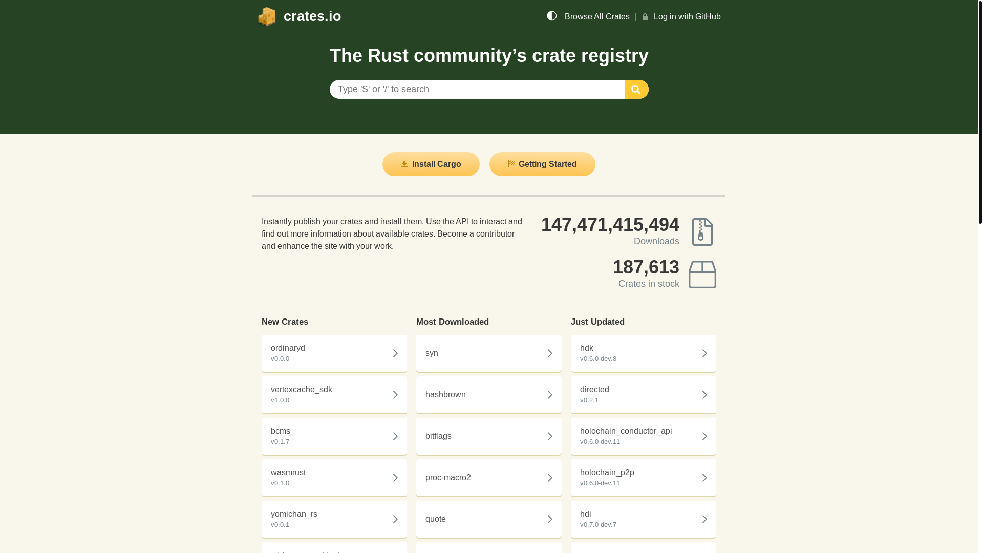 website screenshot of https://crates.io