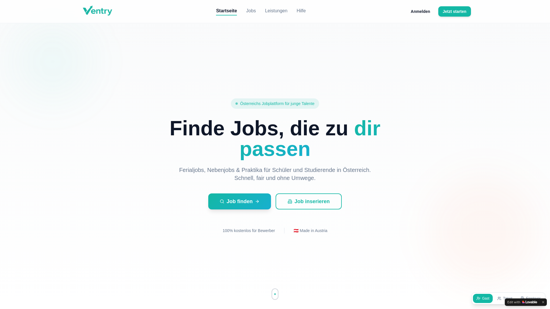 website screenshot of https://ventryjobs.at