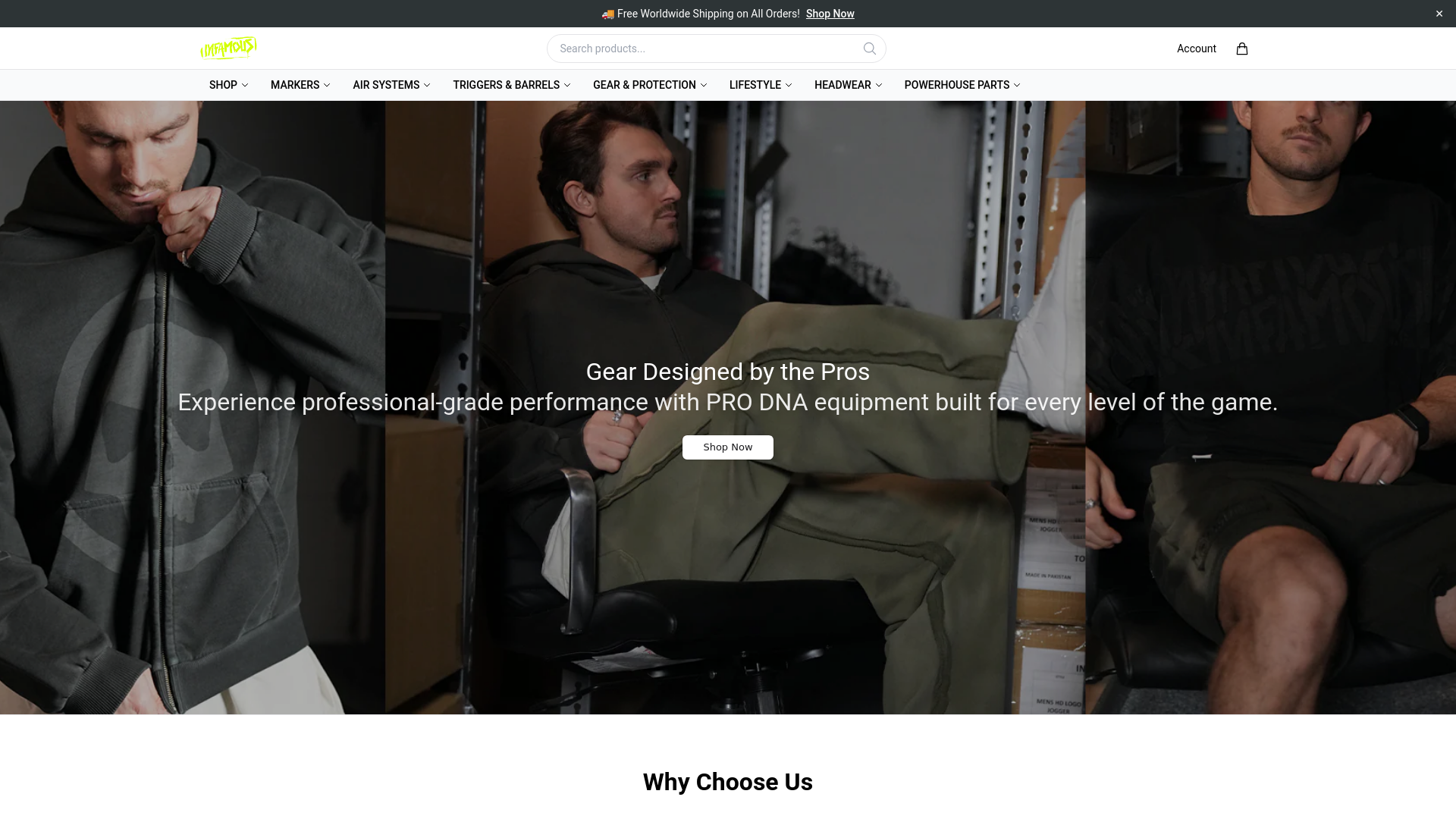 website screenshot of https://infamouspaintballstore.shop/