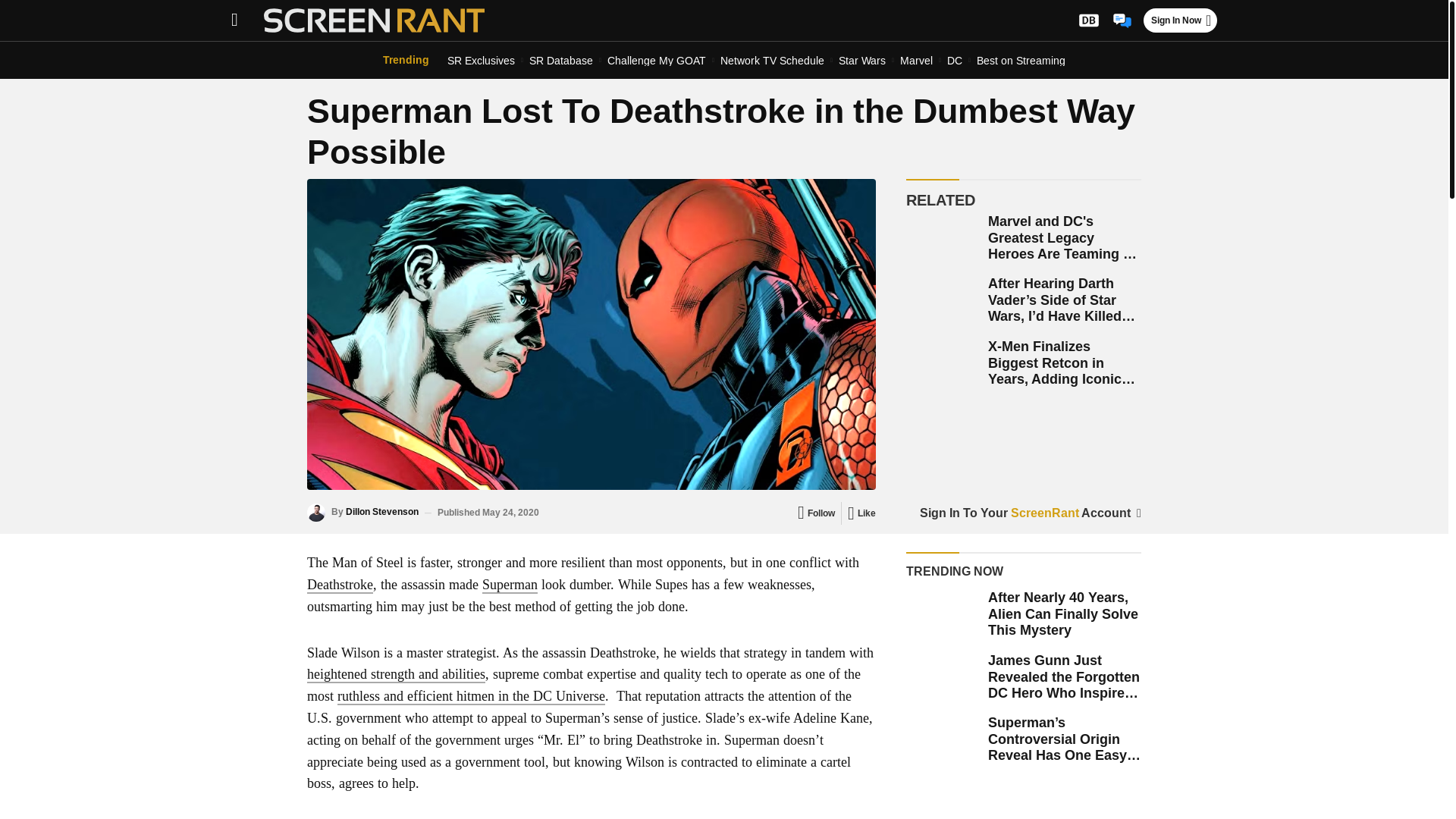 website screenshot of https://screenrant.com/superman-deathstroke-fight-kryptonite-bullets/