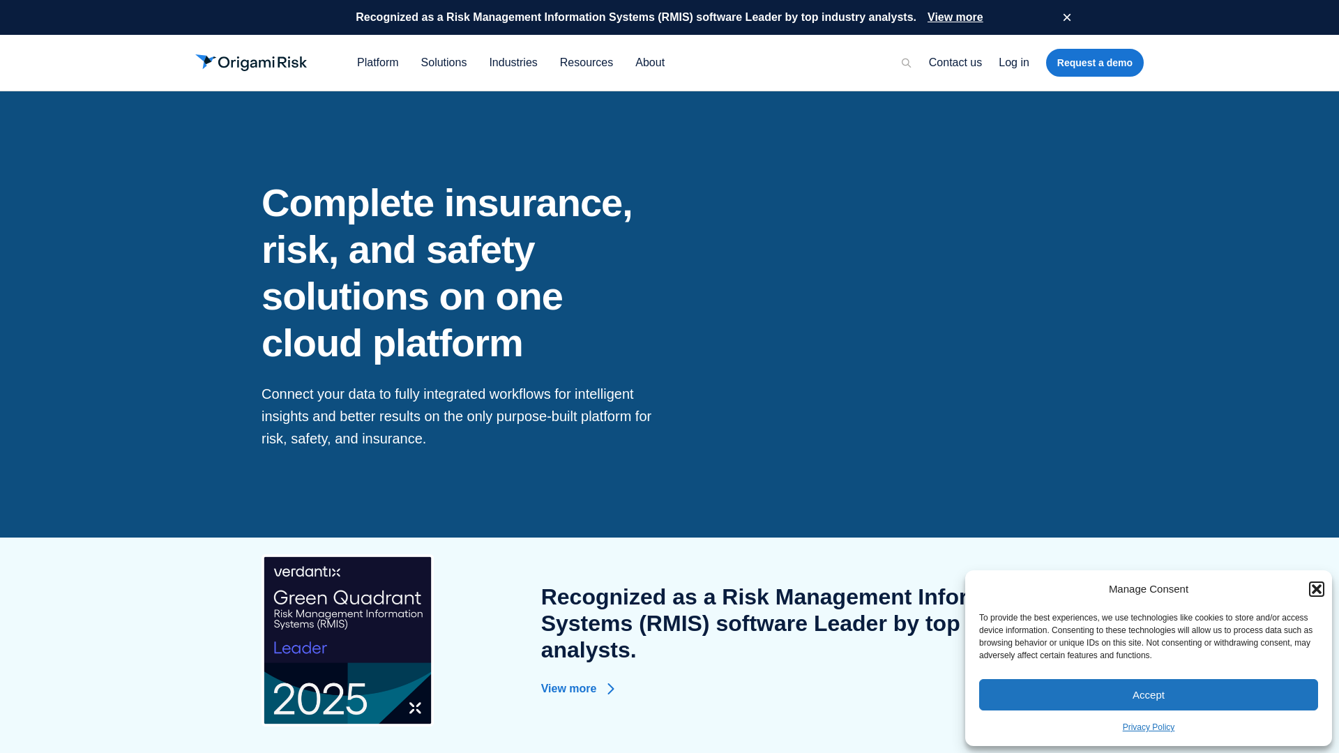 website screenshot of https://www.origamirisk.com/