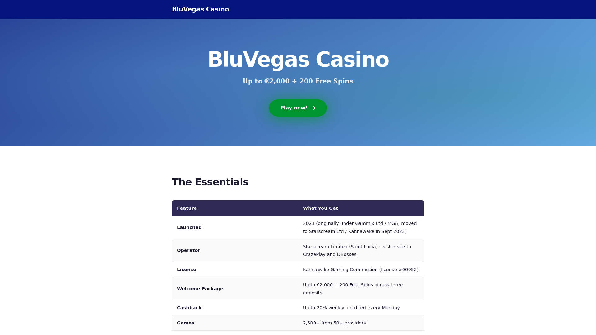 website screenshot of https://bluvegascasino.org/