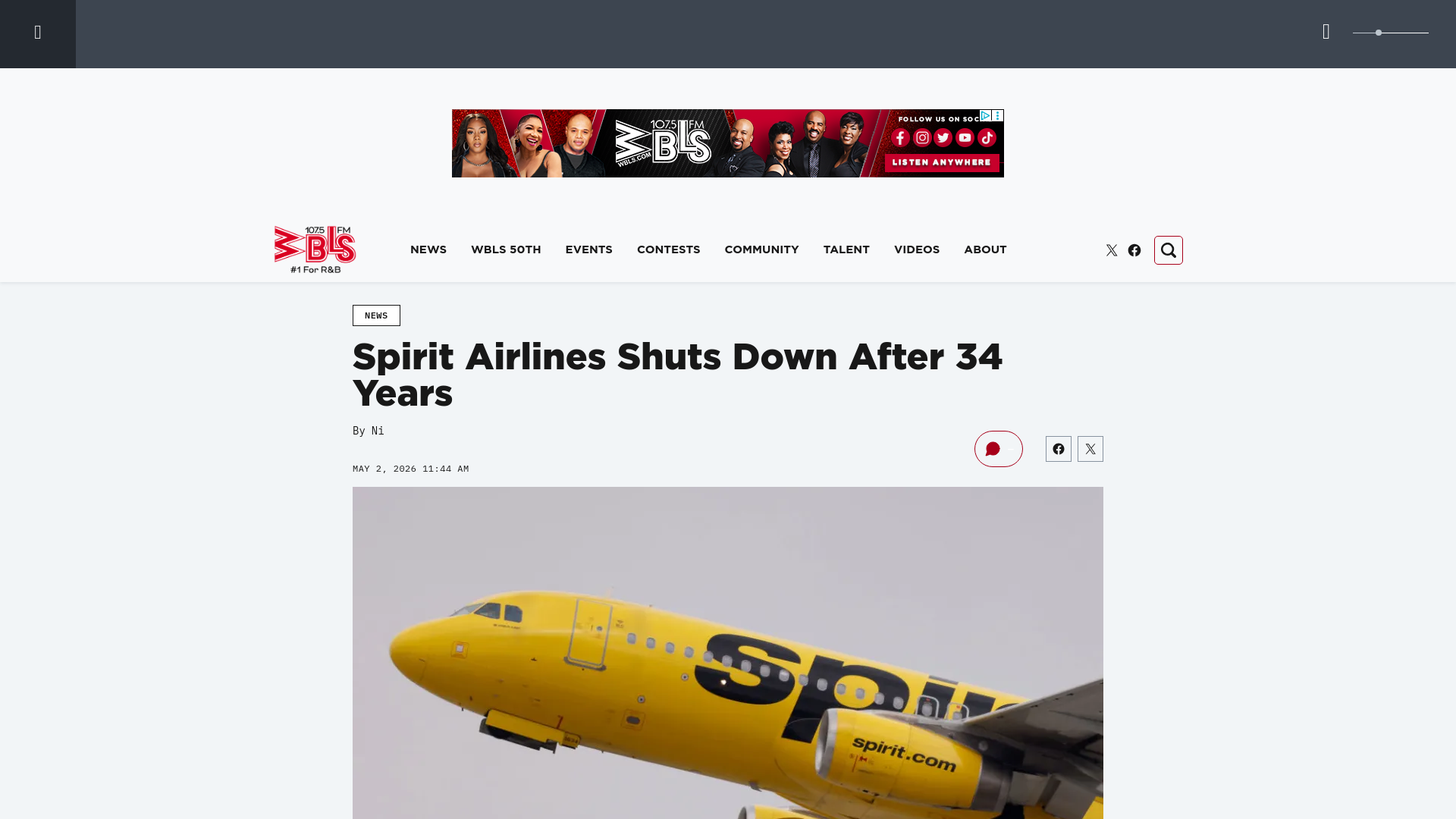 website screenshot of https://www.wbls.com/news/spirit-airlines-shuts-down-after-34-years/