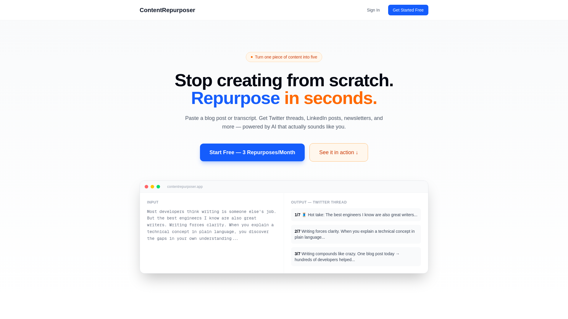 website screenshot of https://contentrepurposer.app/
