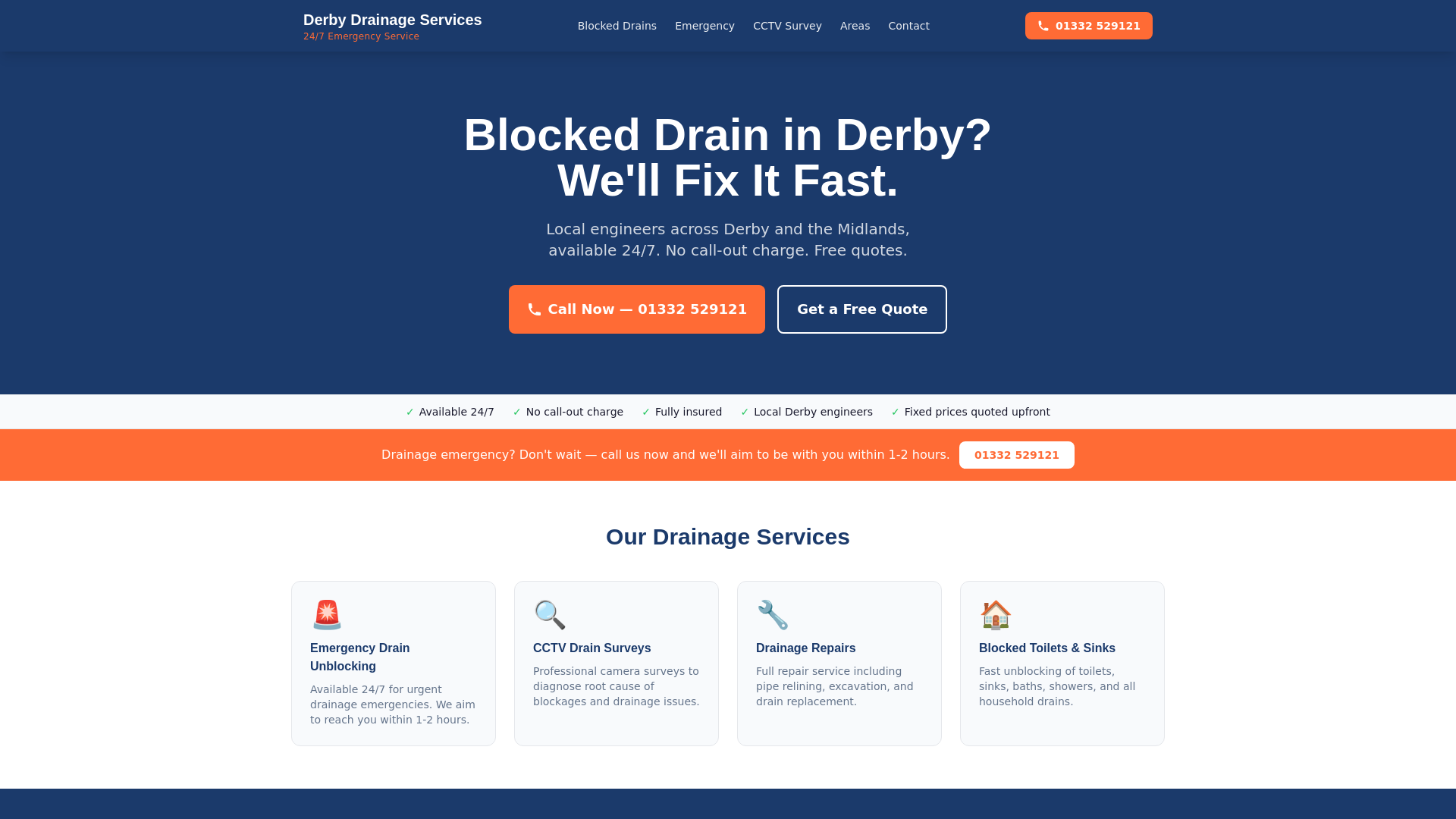 website screenshot of https://derbydrainageservices.co.uk