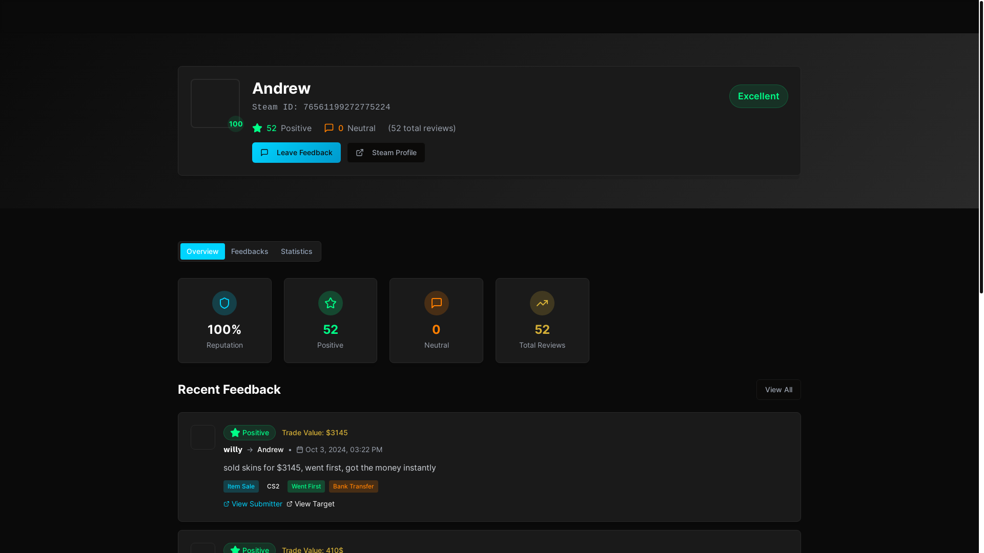 website screenshot of https://csreputation.com/profile/76561199272775224