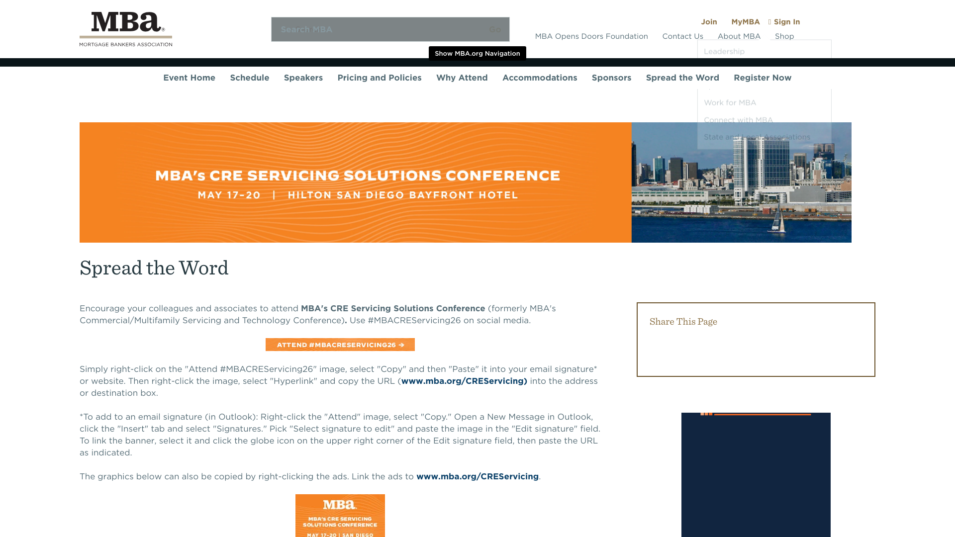website screenshot of https://www.mba.org/conferences-and-education/cre-servicing-solutions-conference/spread-the-word