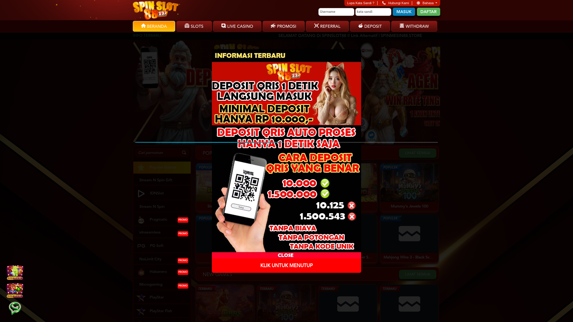 website screenshot of https://spins88.website/