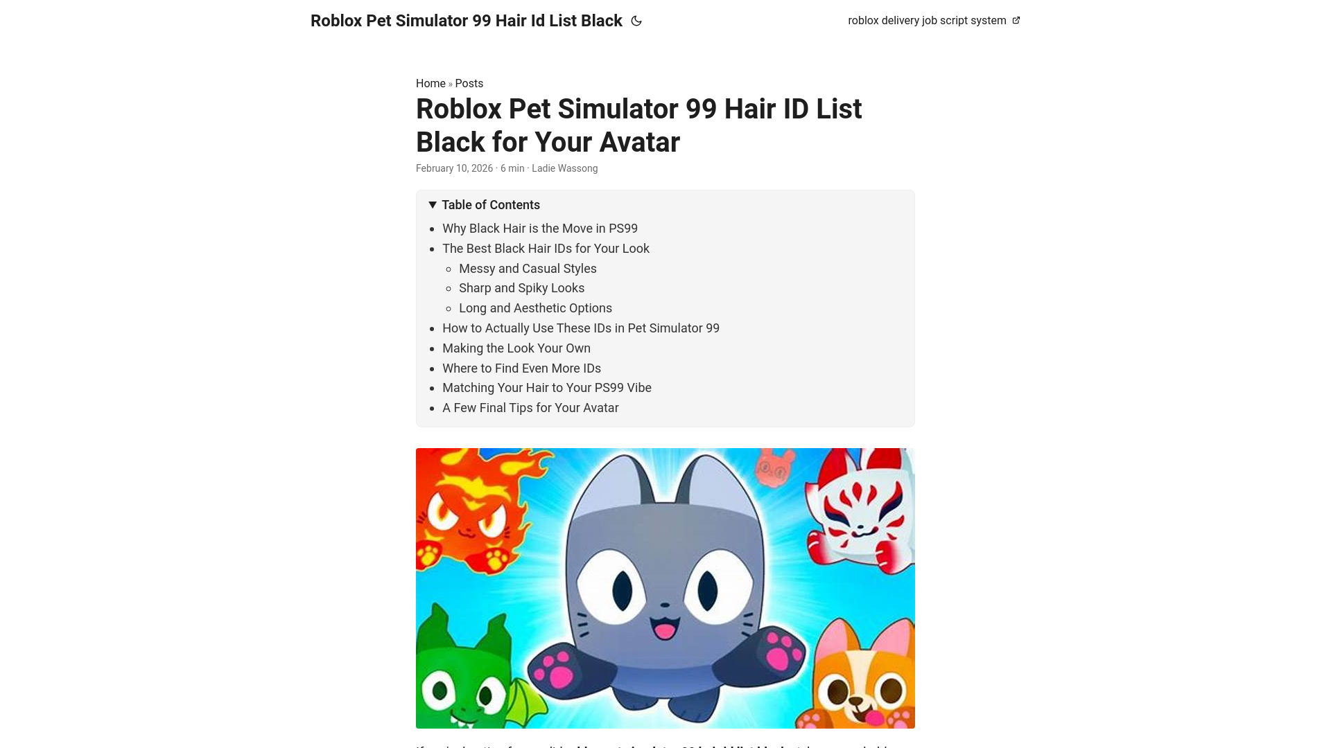 website screenshot of https://roblox-pet-simulator-99-hair-id-list-black.pages.dev/