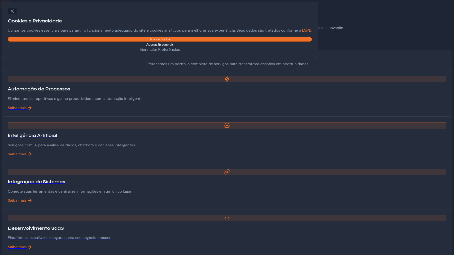website screenshot of https://vstack-solutions.com.br/