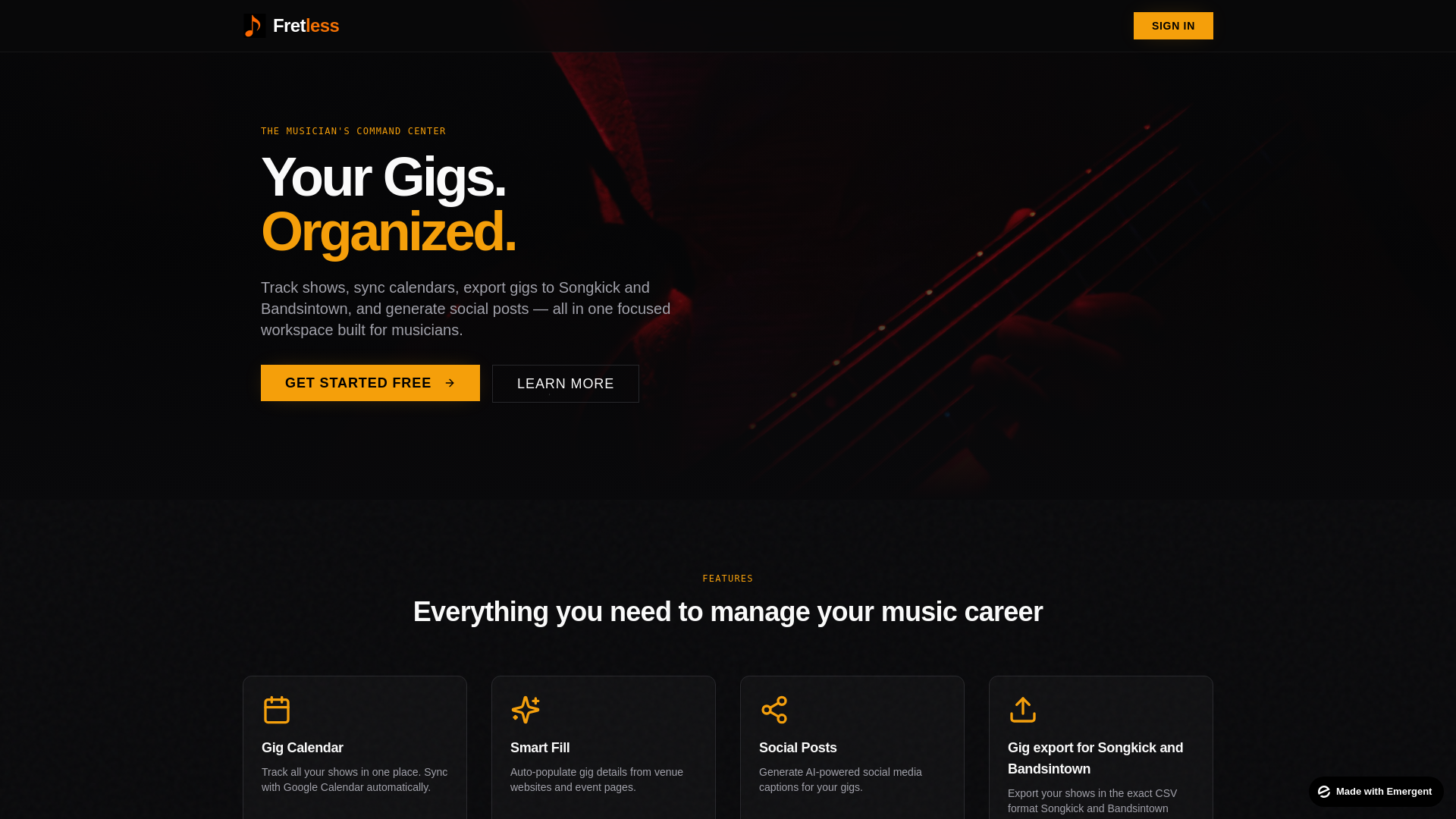 website screenshot of https://fretless.life/