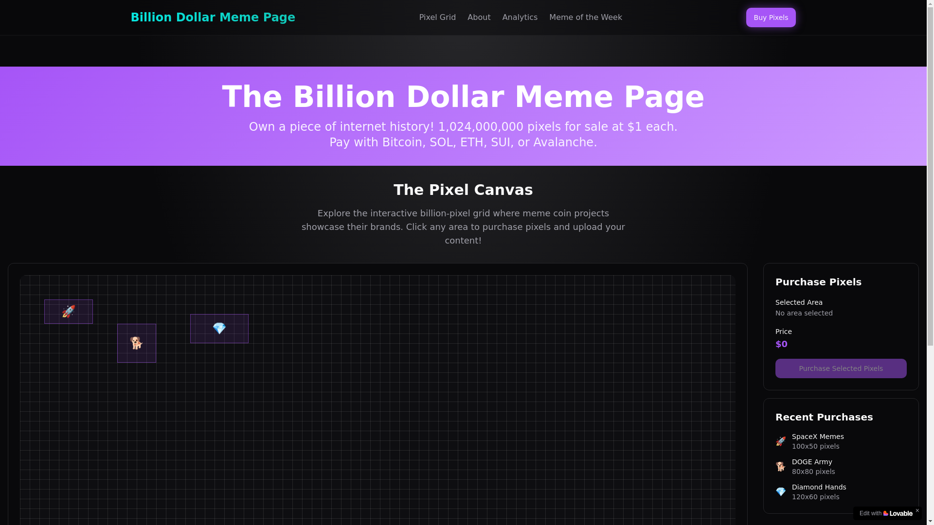 website screenshot of https://billiondollarmemepage.xyz/
