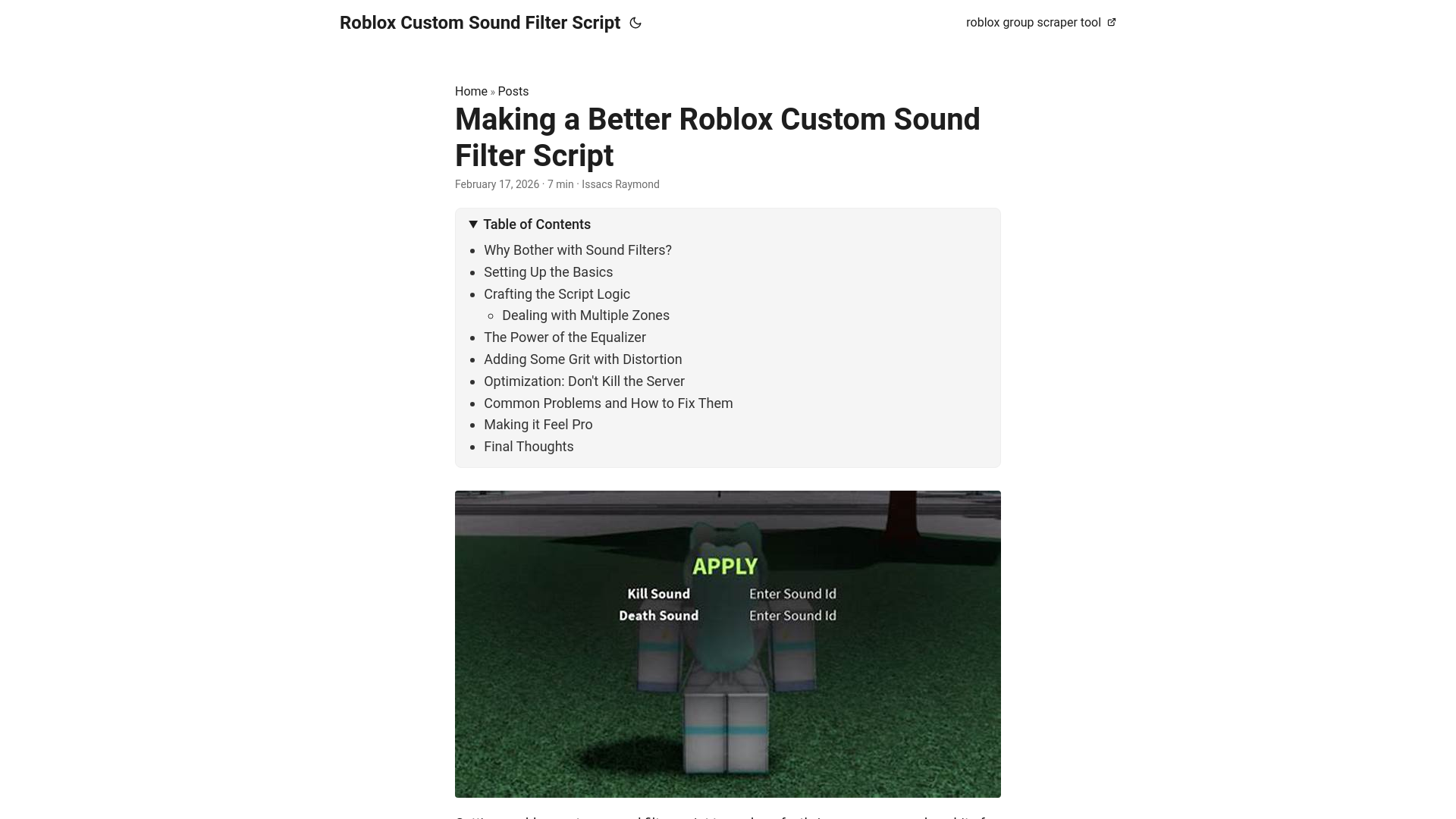 website screenshot of https://roblox-custom-sound-filter-script.pages.dev/
