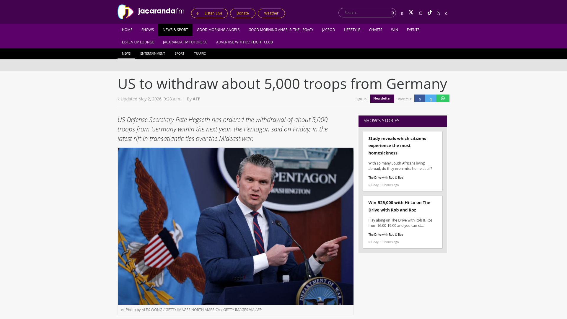 website screenshot of https://www.jacarandafm.com/news/news/us-to-withdraw-about-5000-troops-from-germany/