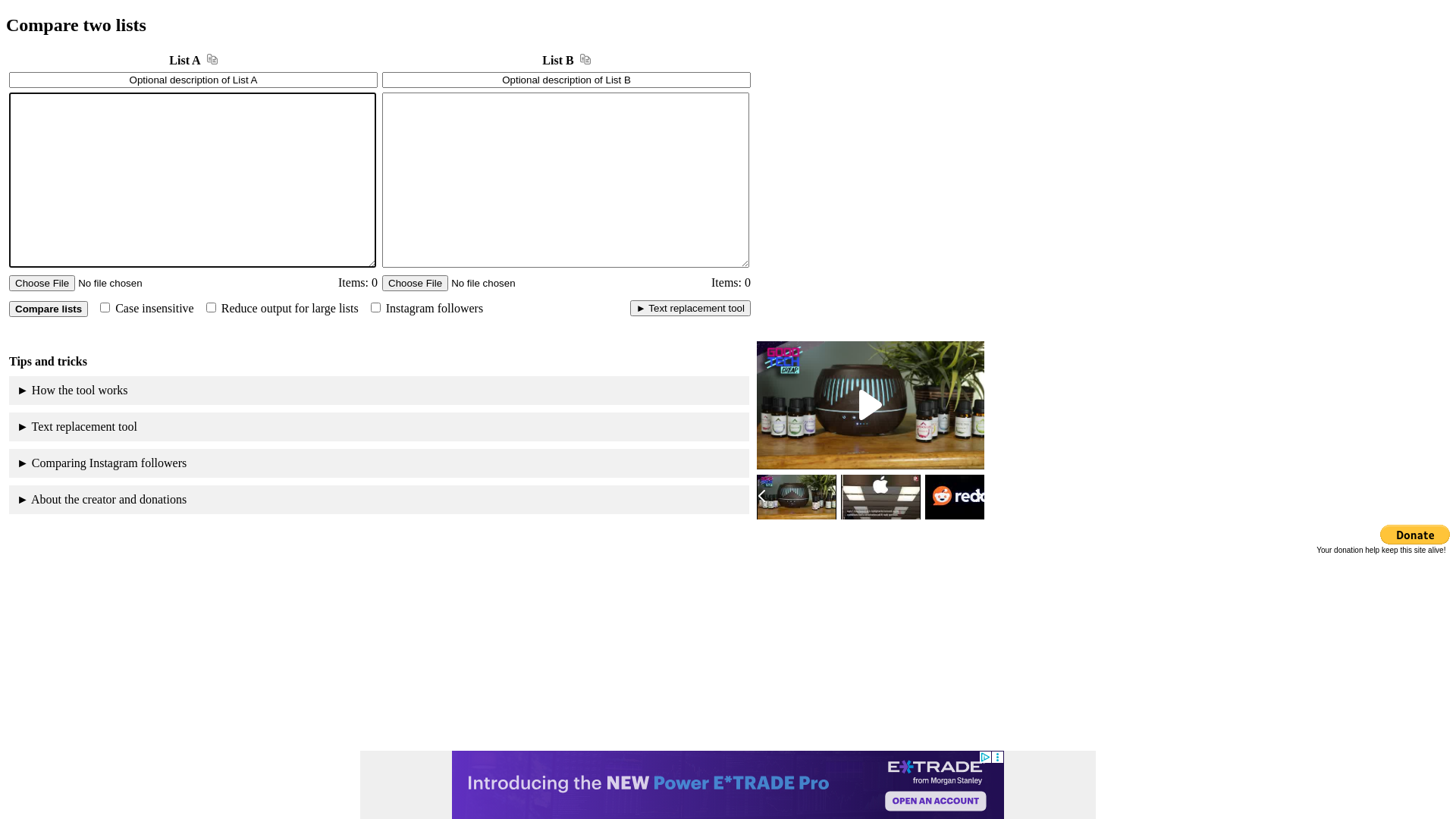 website screenshot of https://comparetwolists.com/