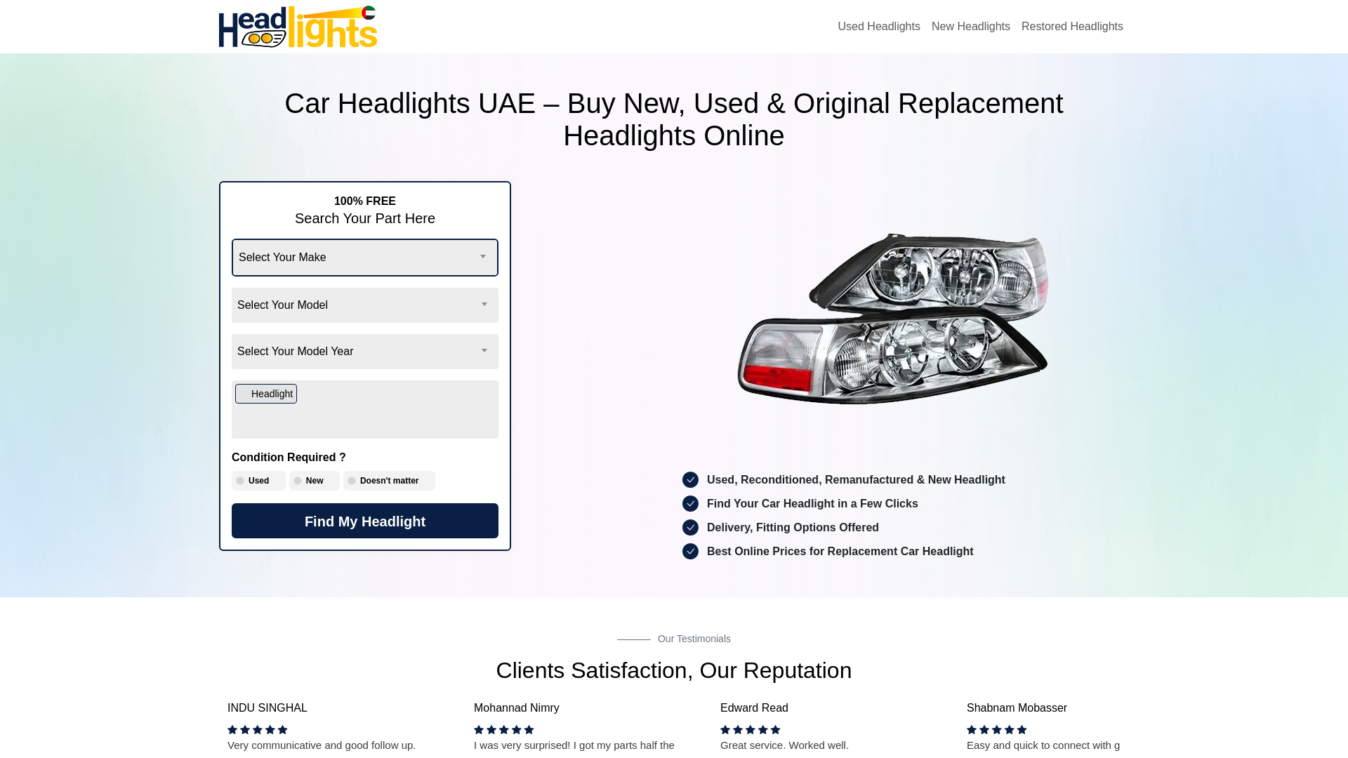 website screenshot of https://headlights.ae/
