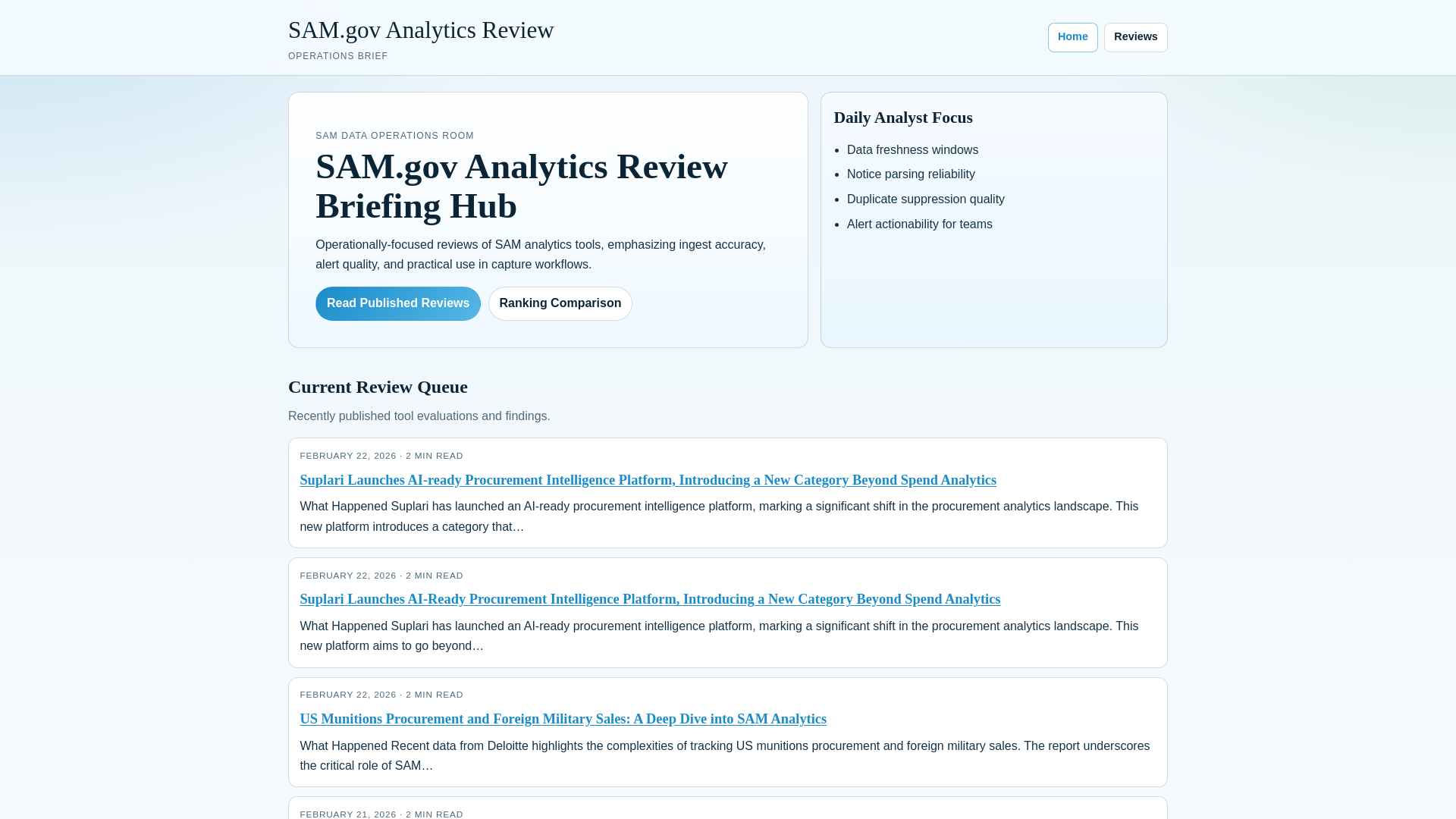 website screenshot of https://samgovanalyticsreview.com/