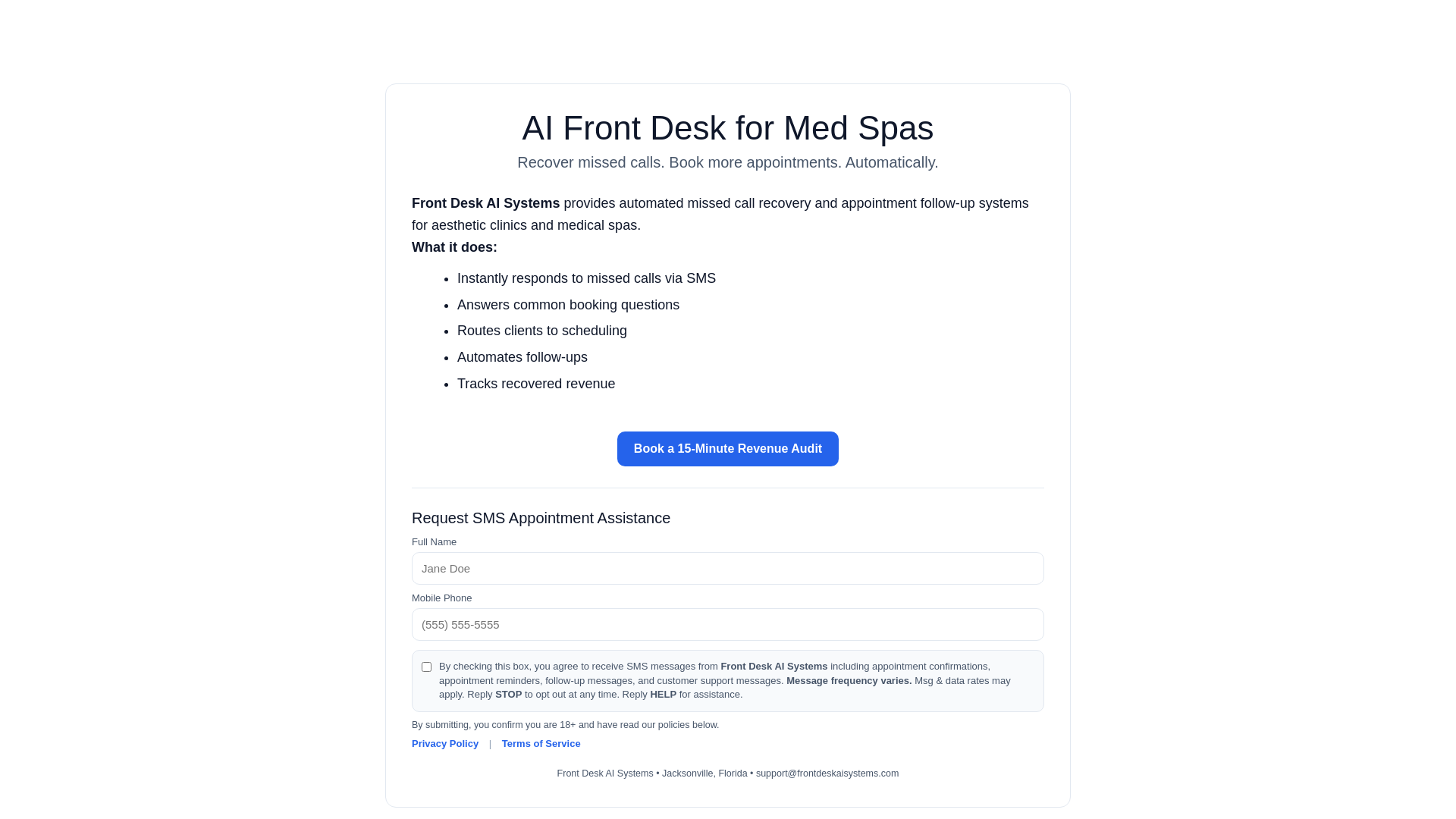 website screenshot of https://frontdeskaisystems.com/