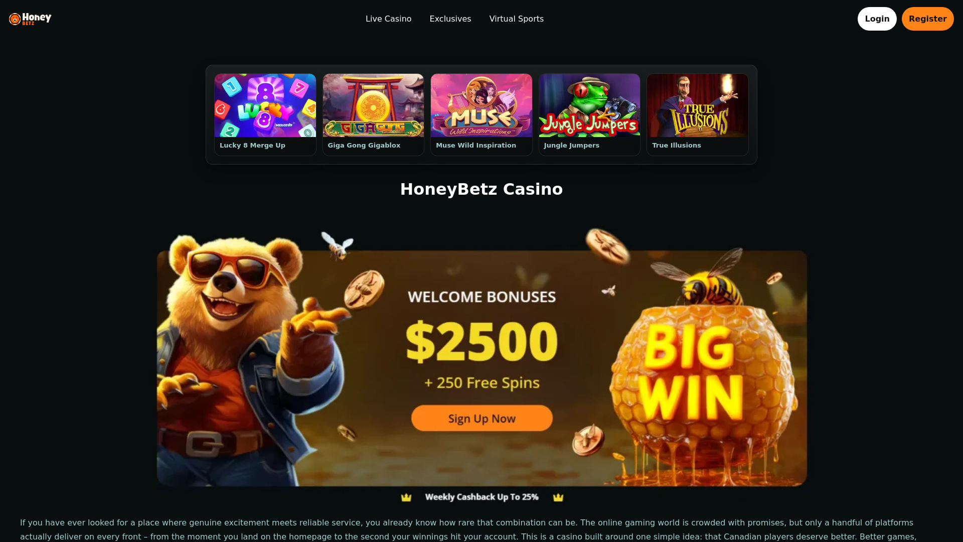 website screenshot of https://honeybetzz.com