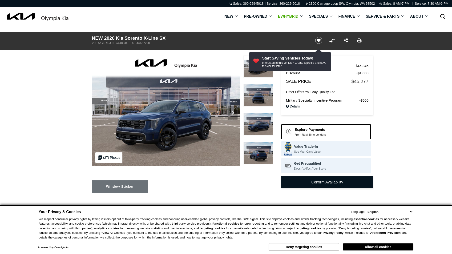 website screenshot of https://www.olympiakia.com/inventory/new-2026-kia-sorento-x-line-sx-awd-4d-sport-utility-5xyrkdjf5tg448034/?store={store_code}