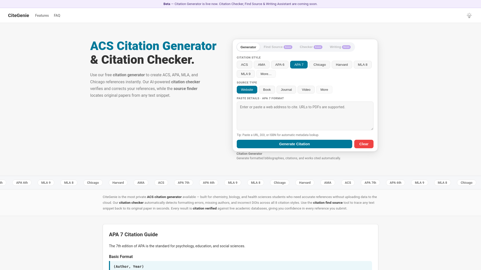 website screenshot of https://citegenie.app/