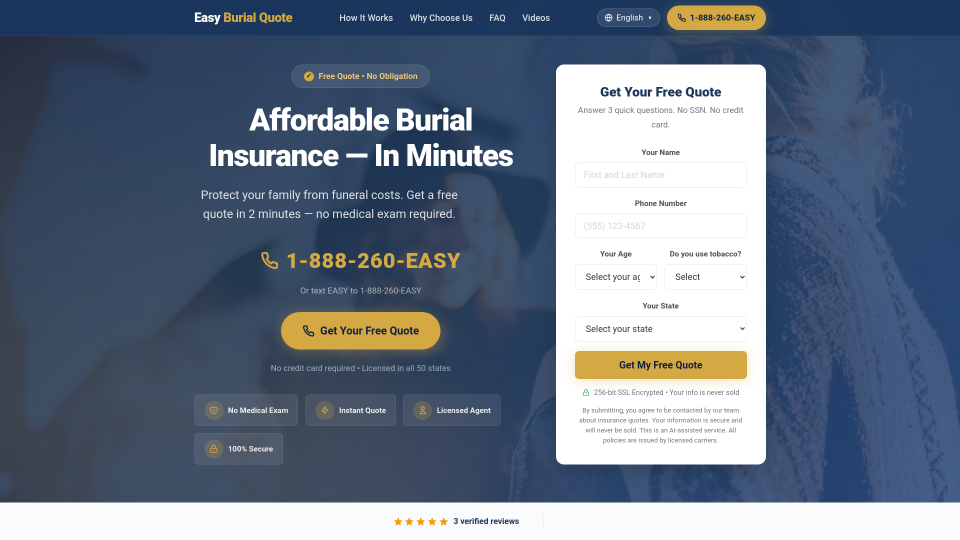 website screenshot of https://easyburialquote.com/