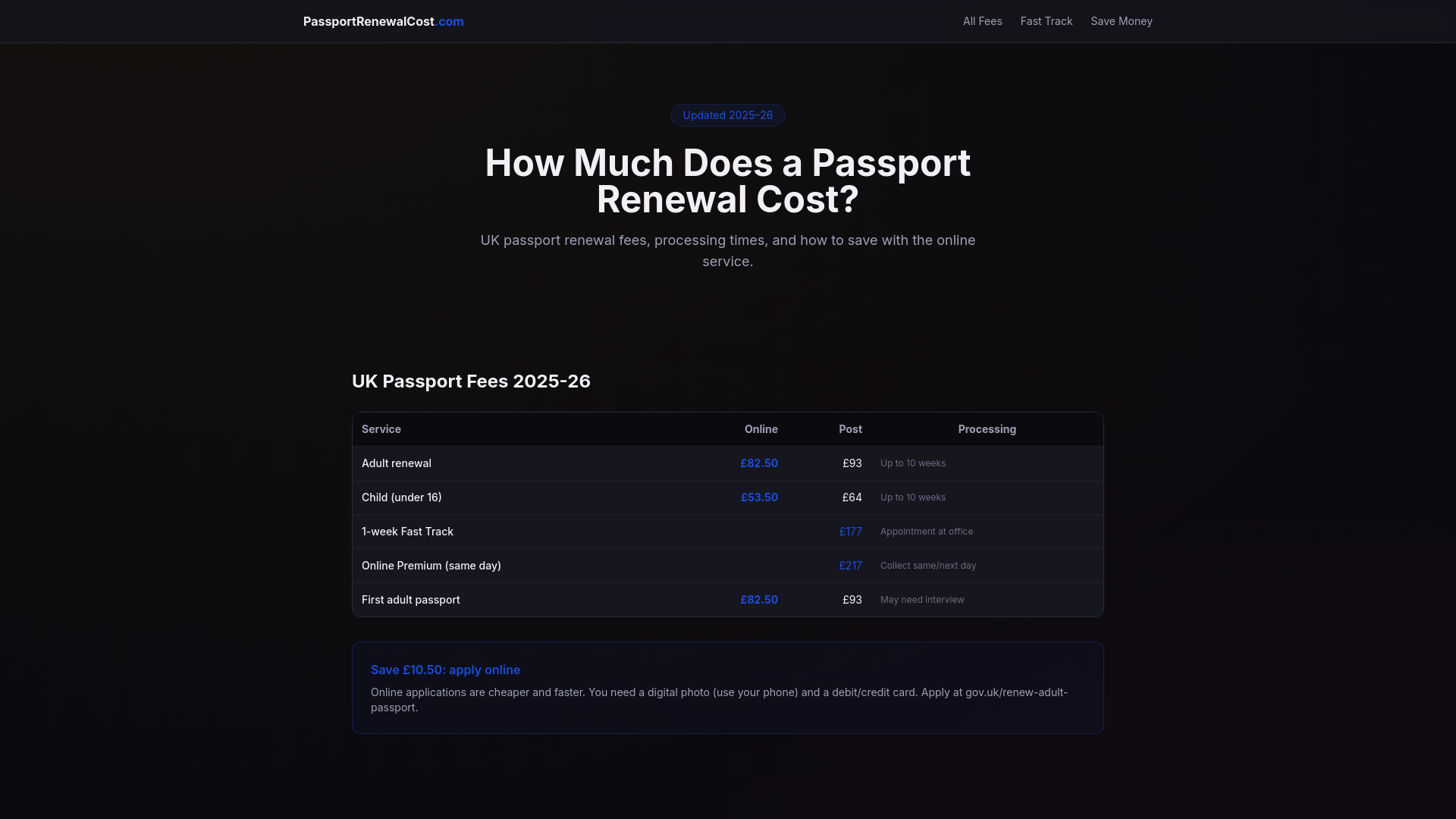 website screenshot of https://passportrenewalcost.pages.dev/