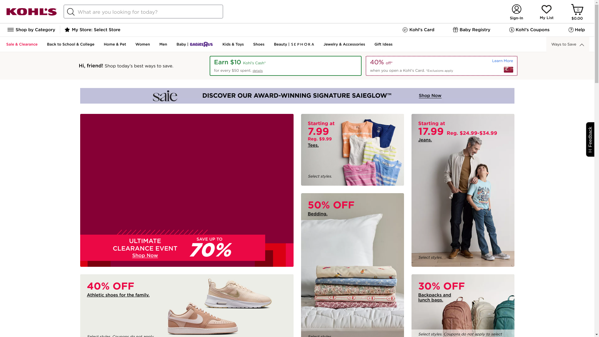 website screenshot of https://kohls.com