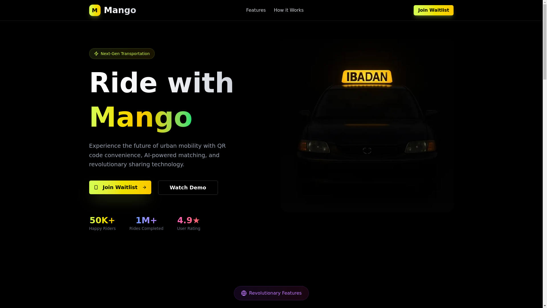 website screenshot of https://drivewithmango.com/