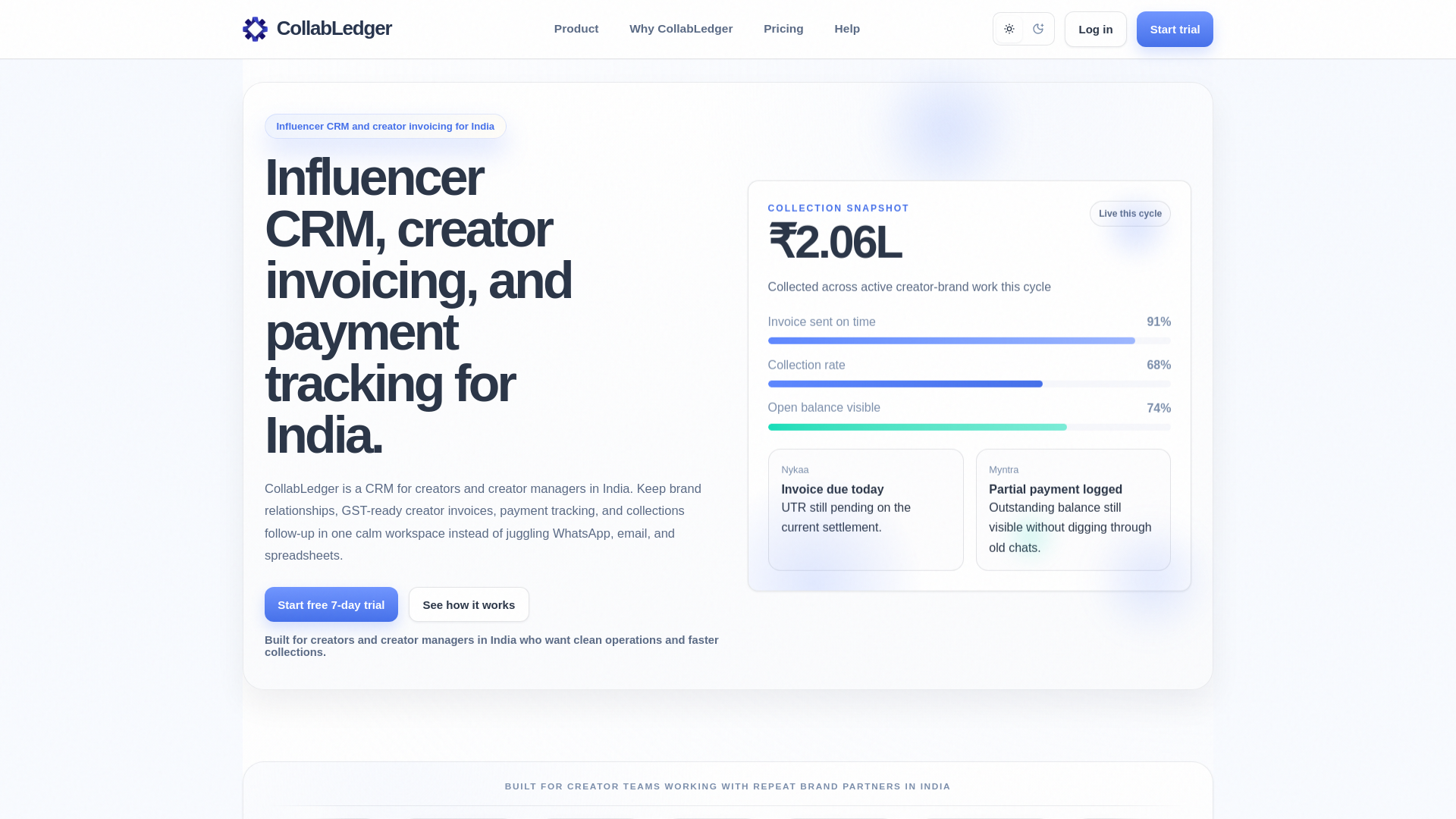 website screenshot of https://collabledger.in/