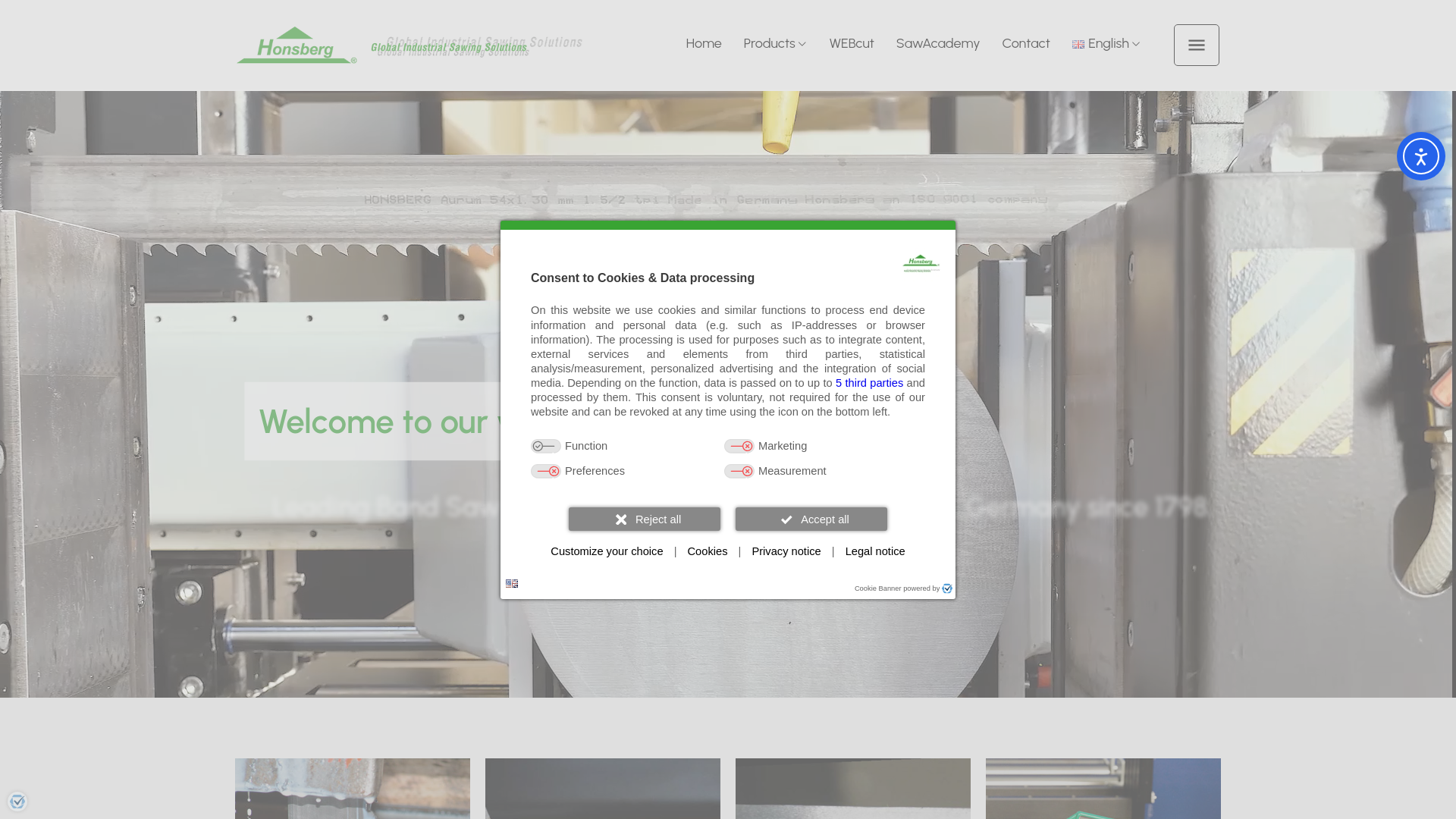 website screenshot of https://honsberg-band-saw-blades.com/