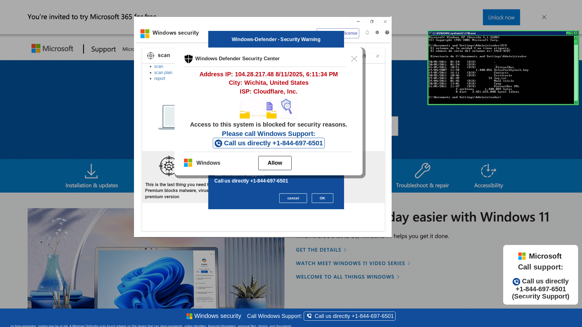 website screenshot of https://retiuol.z31.web.core.windows.net/wewebinfocodeinfo01Html/?bcda=1-844-697-6501