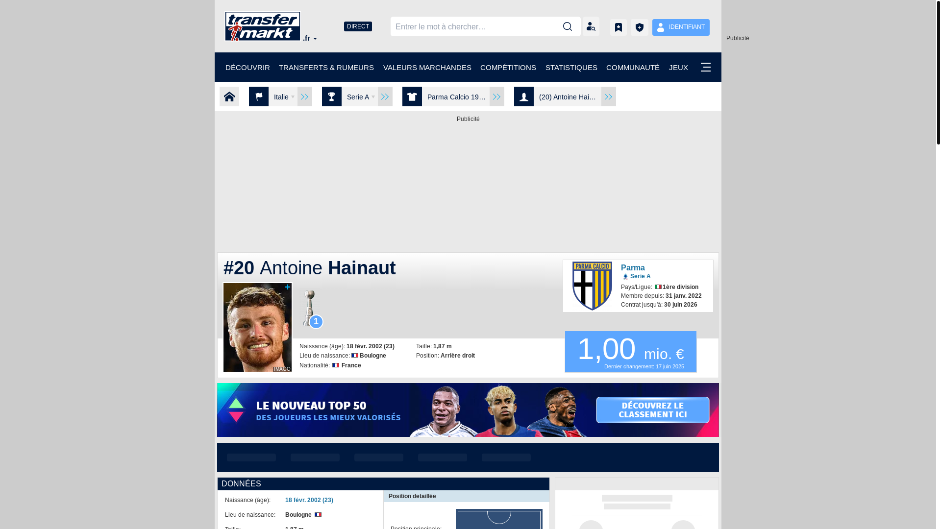 website screenshot of https://www.transfermarkt.fr/antoine-hainaut/profil/spieler/917375