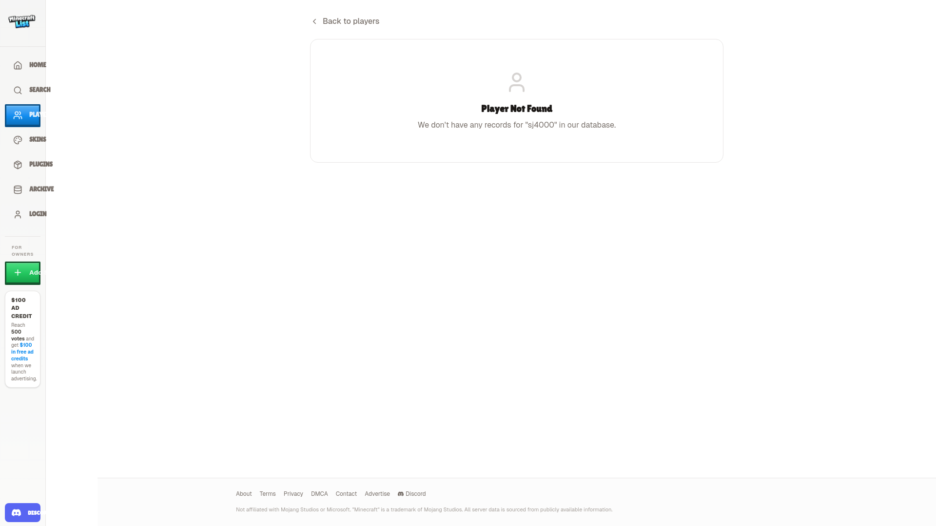 website screenshot of https://www.minecraftlist.com/players/sj4000