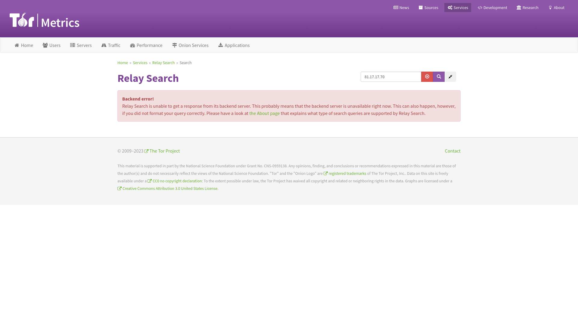website screenshot of https://metrics.torproject.org/rs.html#search/81.17.17.70