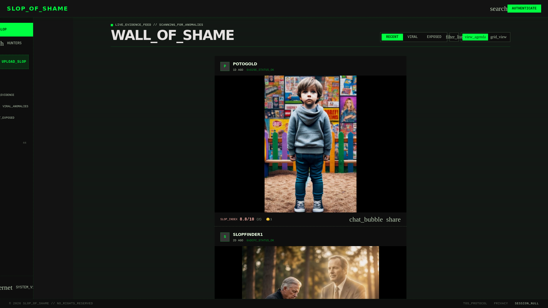 website screenshot of https://slopofshame.com/