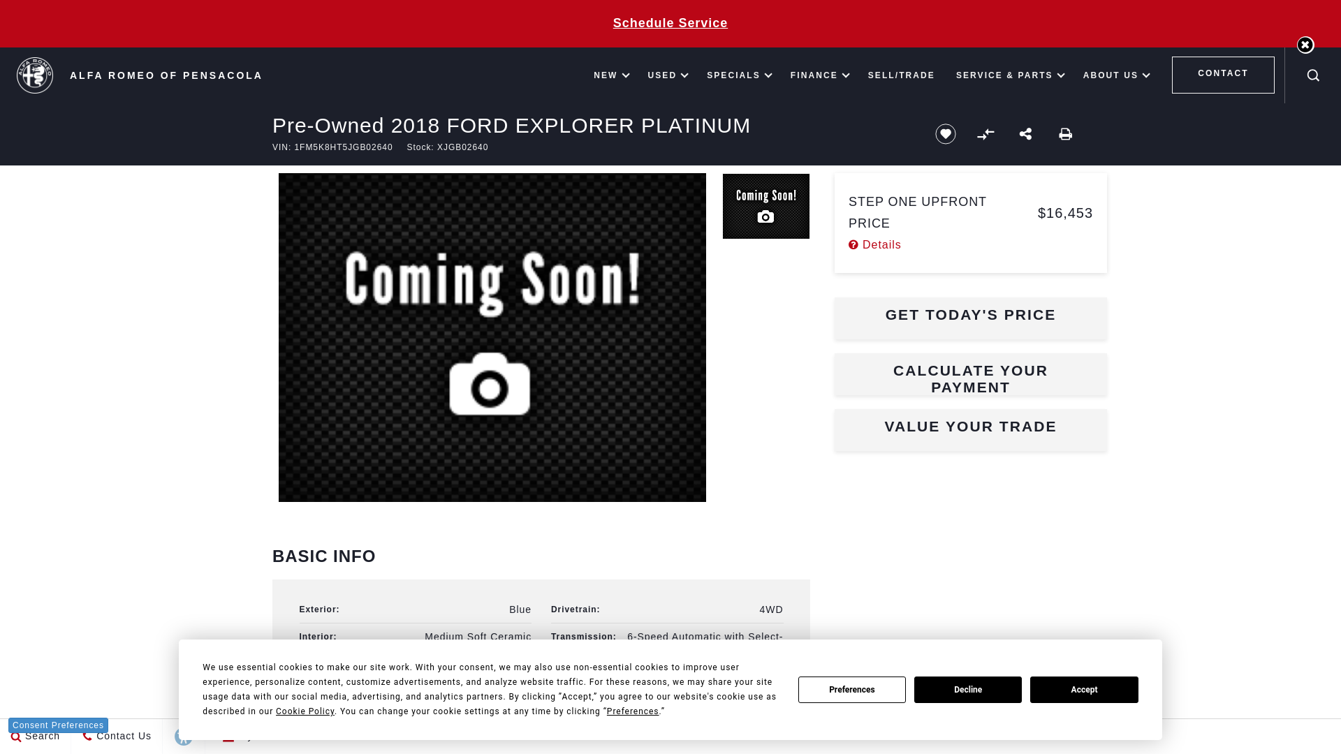 website screenshot of https://www.alfaromeopensacola.com/inventory/1FM5K8HT5JGB02640/