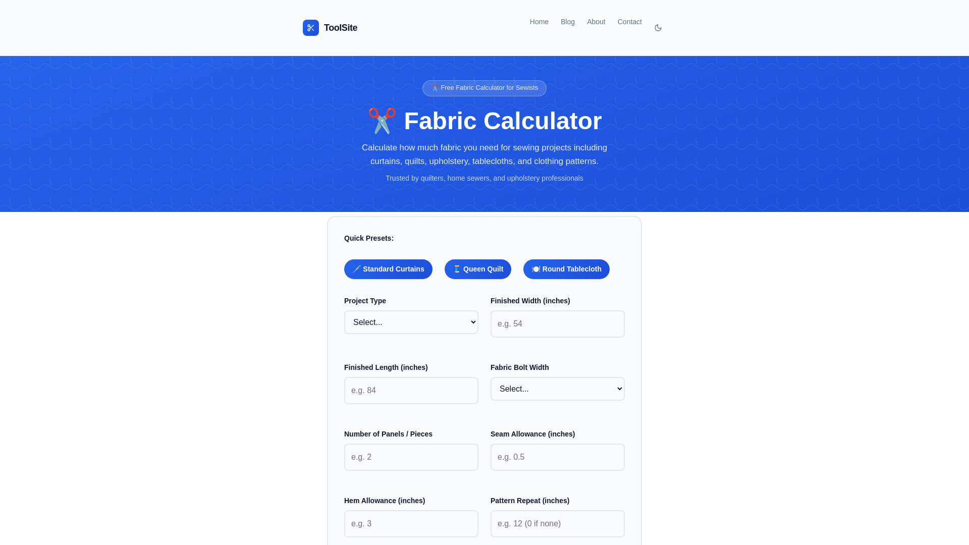 website screenshot of https://fabriccalculator.pages.dev/