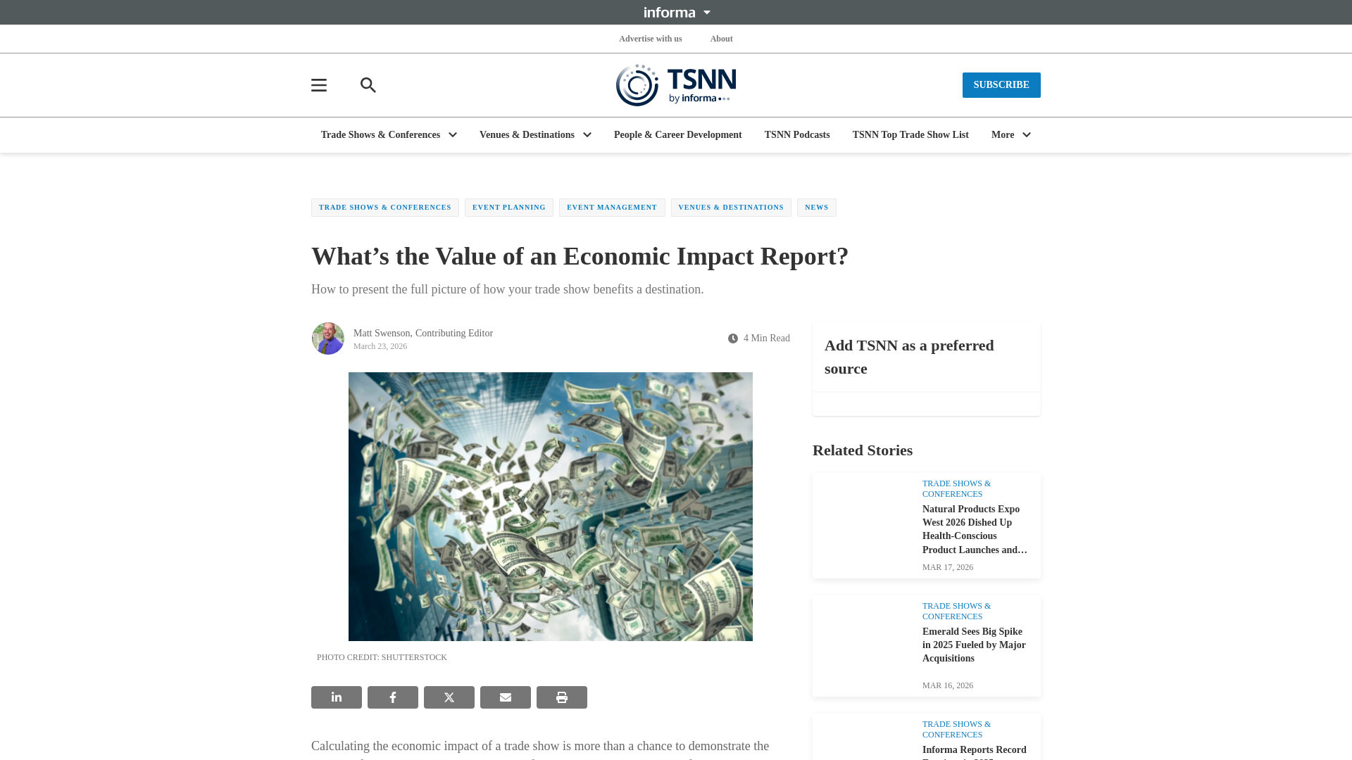 website screenshot of https://www.tsnn.com/trade-shows-conferences/what-s-the-value-of-an-economic-impact-report-